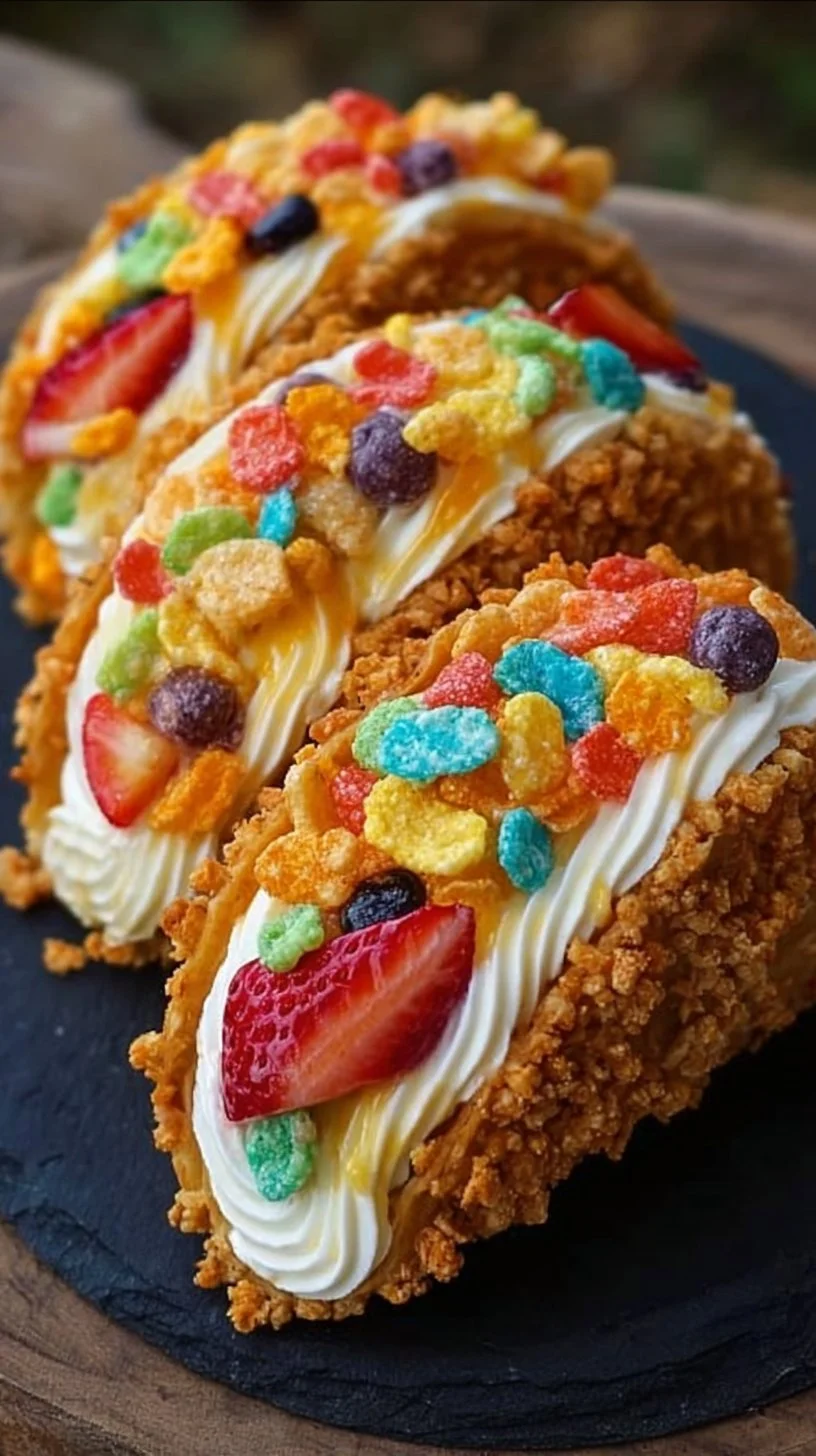 Fruity Cereal Cheesecake Tacos with colorful toppings and a crunchy shell