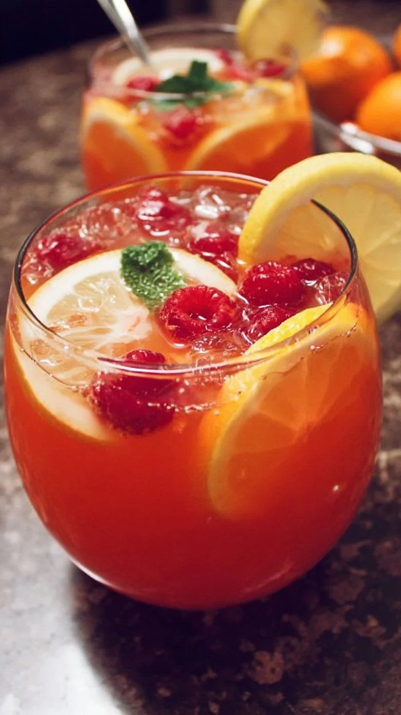 Refreshing bowl of fruity punch with colorful fruits and ice