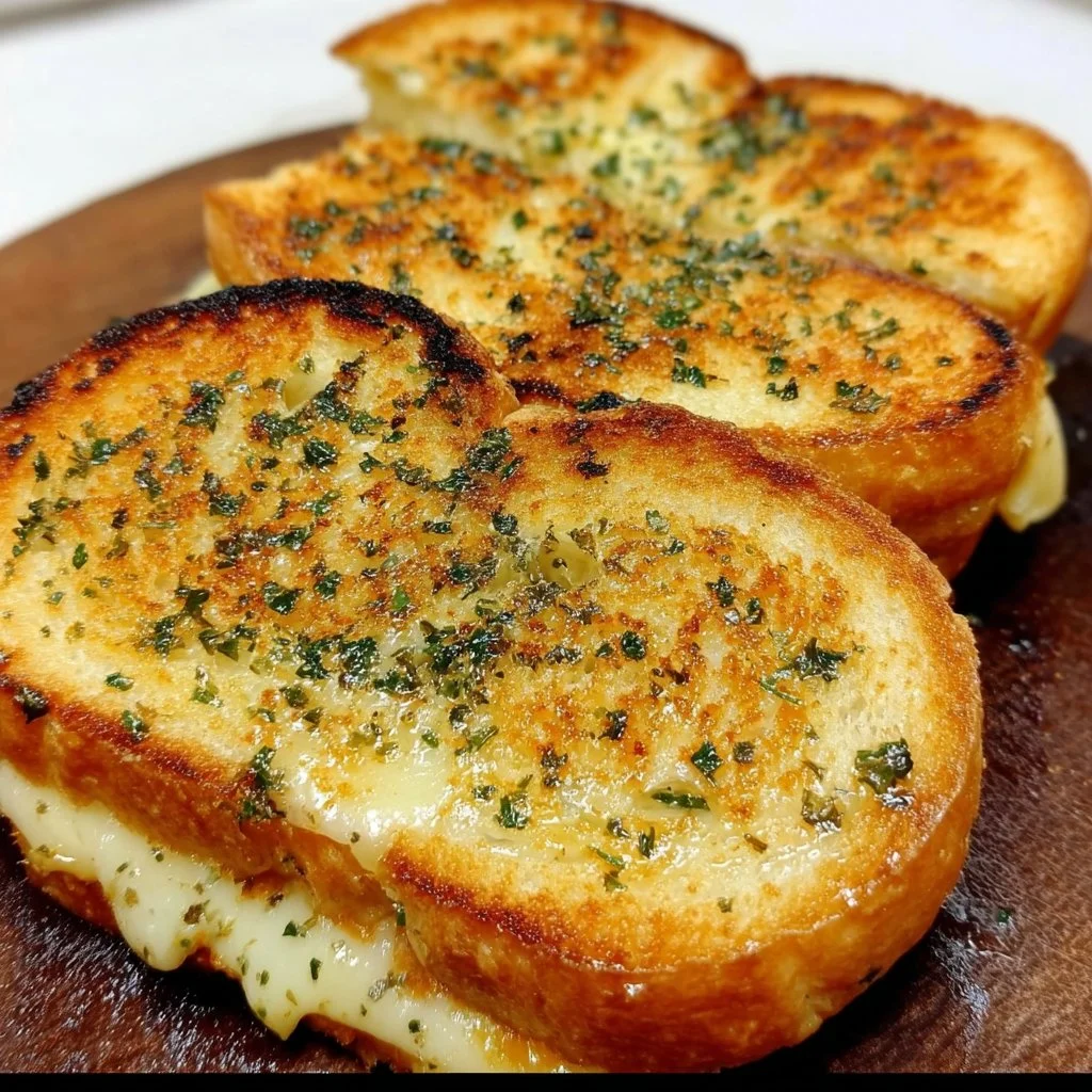 Delicious garlic bread grilled cheese sandwich with melted cheese