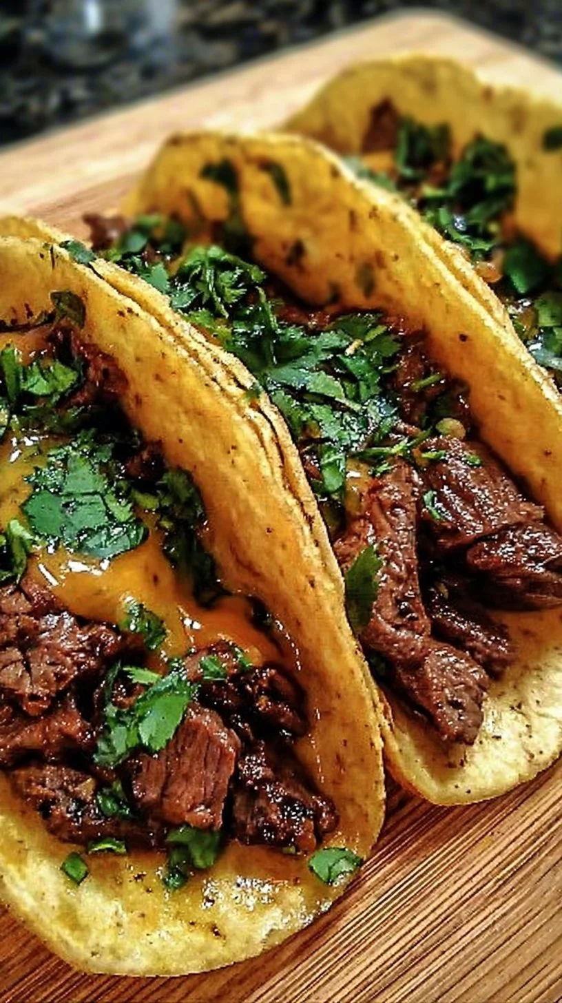 Garlic butter honey BBQ beef tacos served on a wooden platter