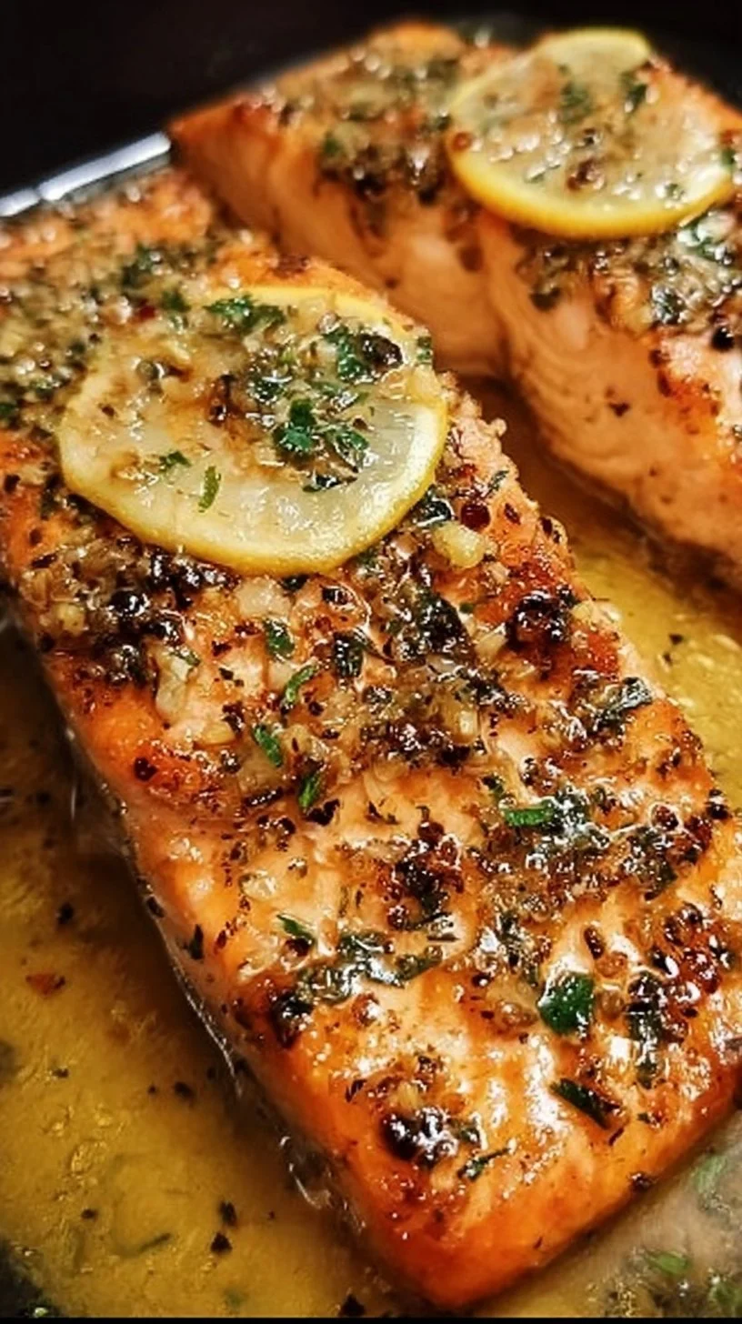 Delicious Garlic Butter Salmon served with lemon and herbs on a plate
