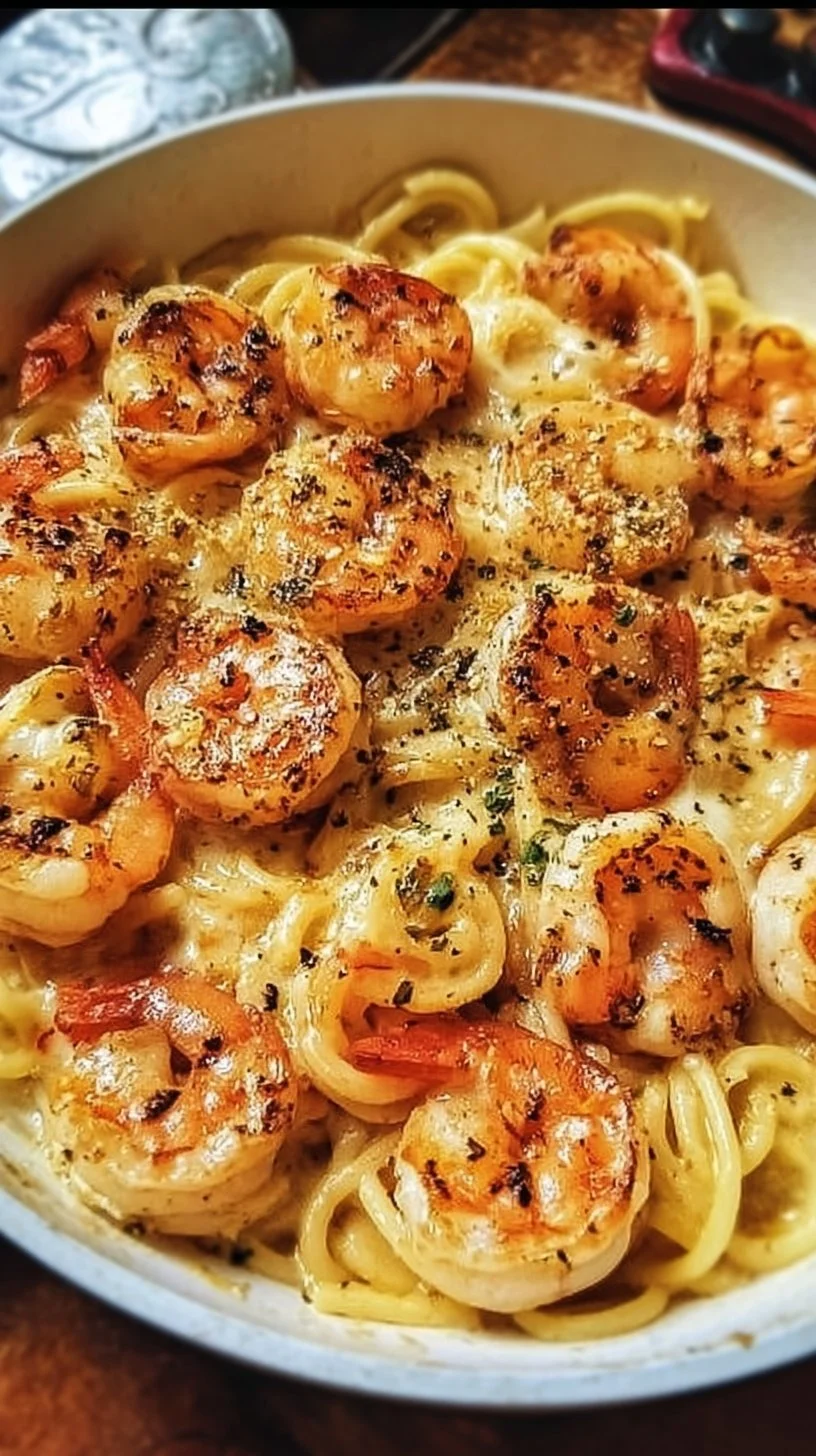 Creamy Garlic Butter Shrimp Pasta garnished with parsley and parmesan.