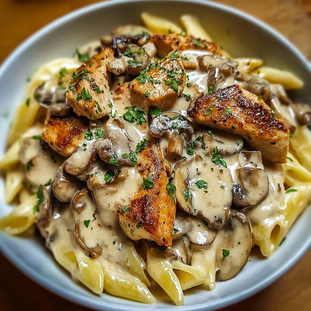 Creamy Garlic Chicken with Mushrooms Pasta served in a bowl
