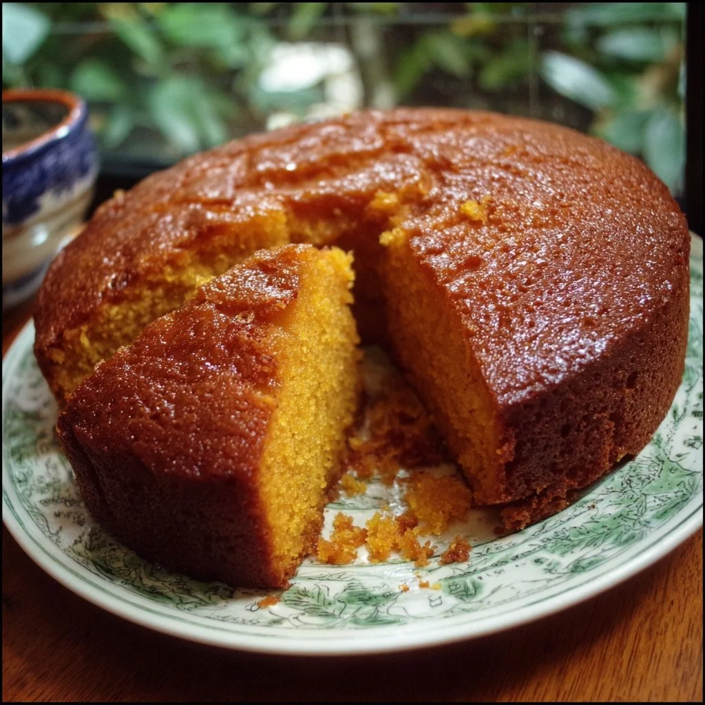 Slice of Grandma's famous sweet potato butter cake on a plate
