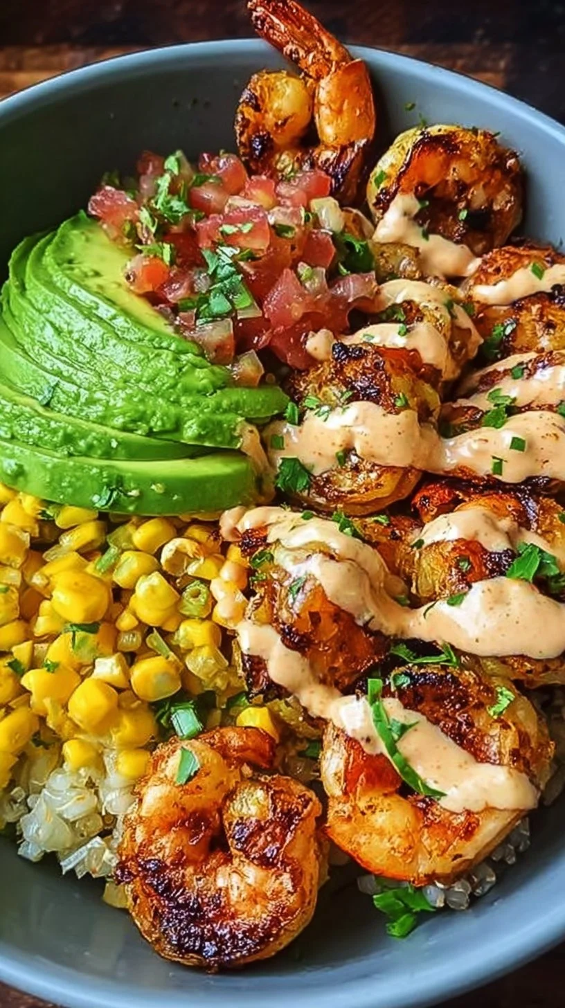 Delicious grilled shrimp bowl with avocado, corn salsa, and creamy sauce