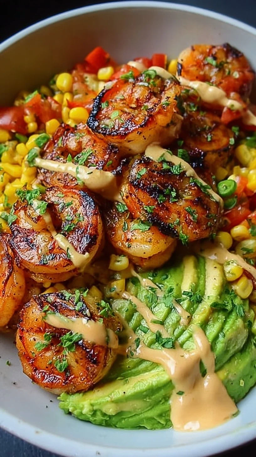 Grilled shrimp bowl with avocado, corn salsa, and creamy sauce