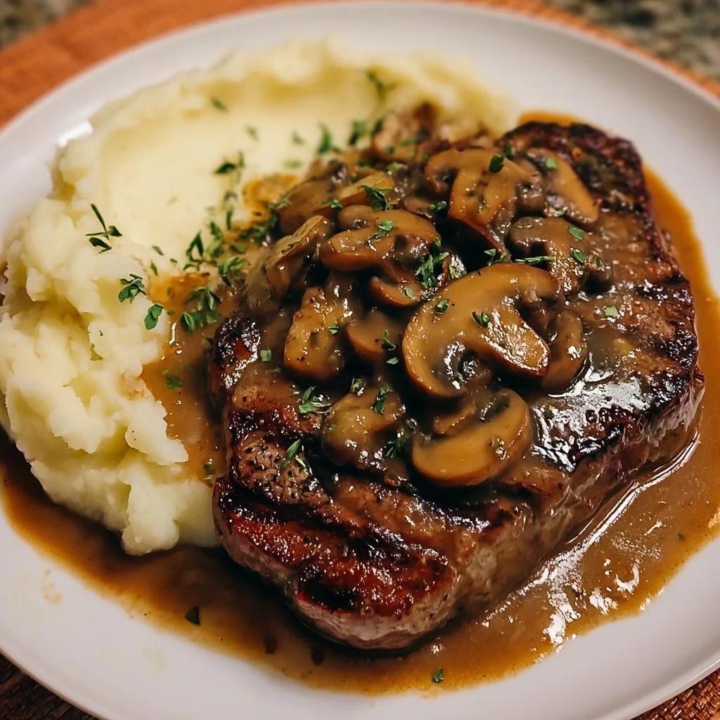 Grilled steak topped with savory mushroom sauce and served with mashed potatoes.