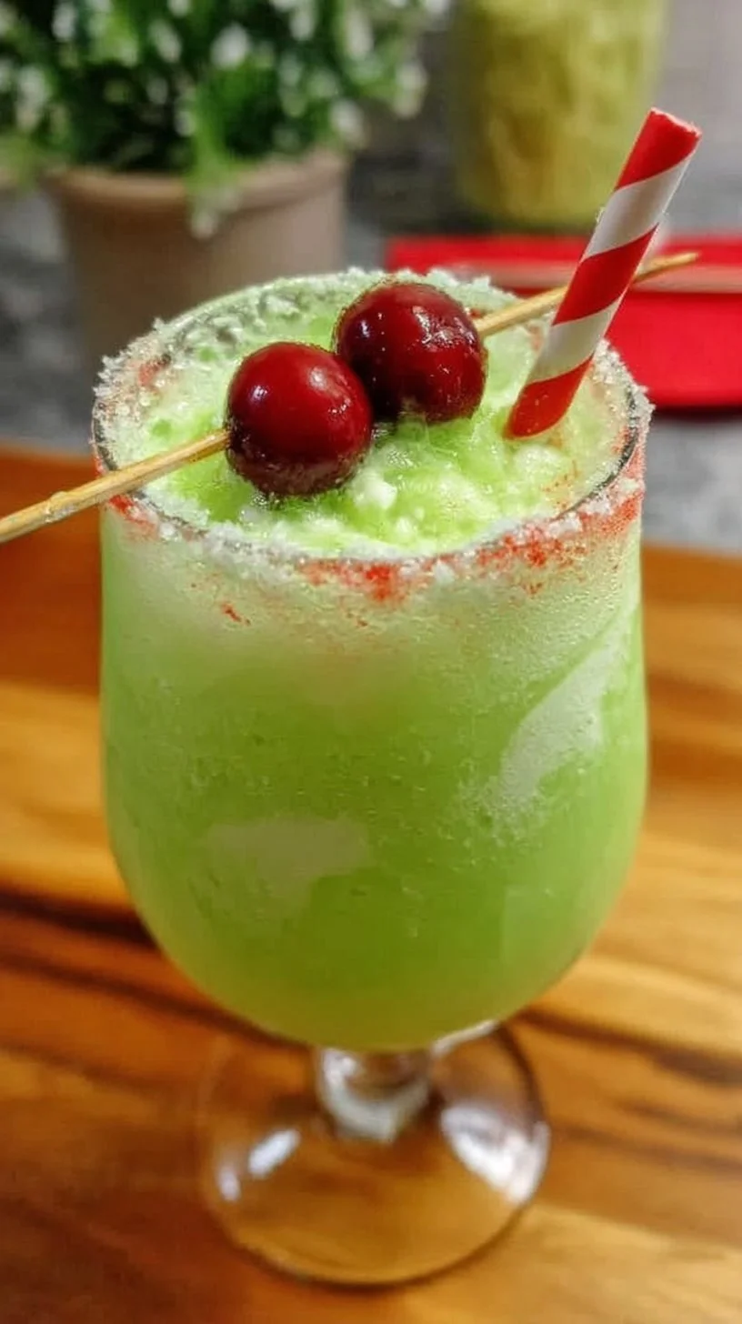 Festive Grinch Punch in a glass with holiday decorations