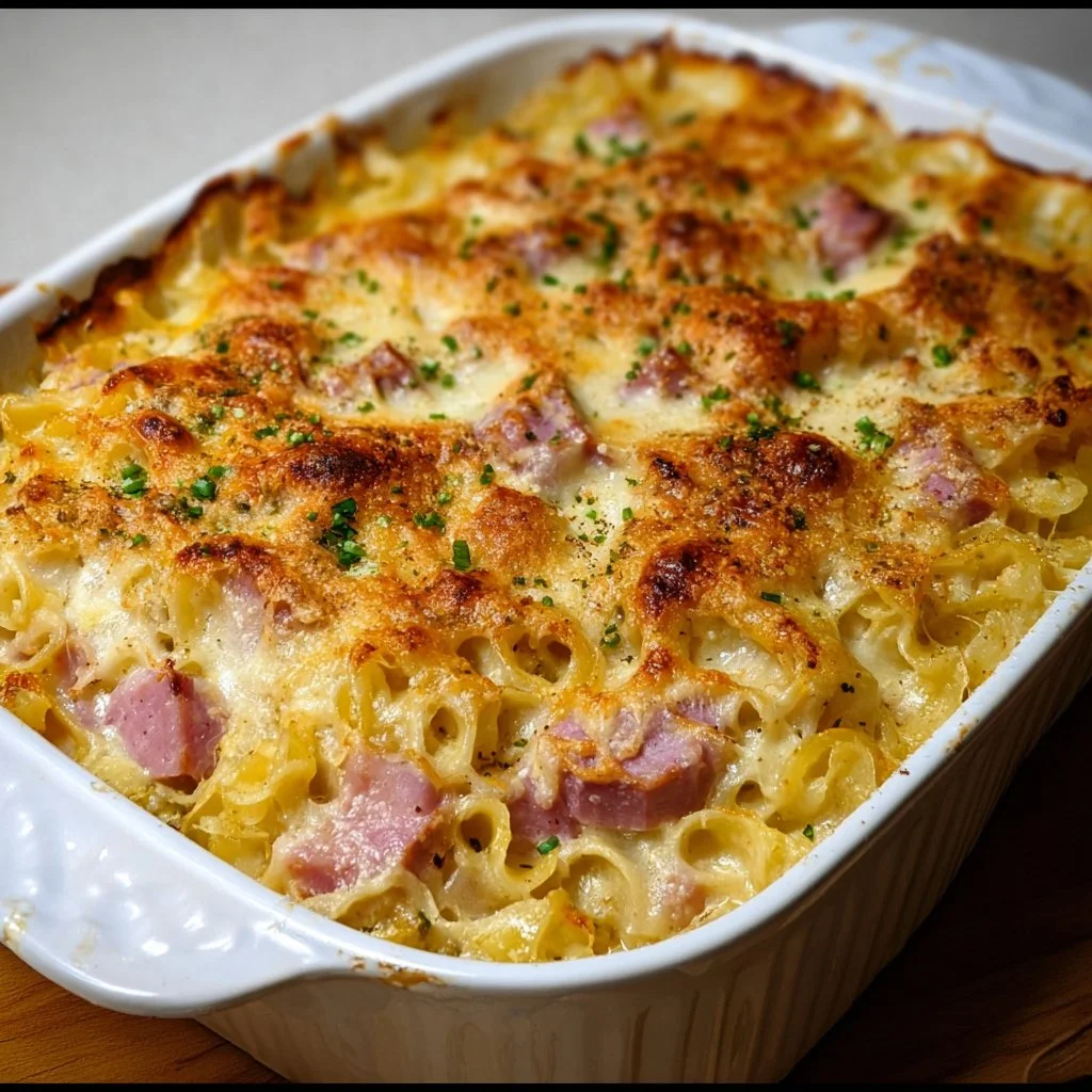 Delicious Ham and Swiss Casserole served in a baking dish