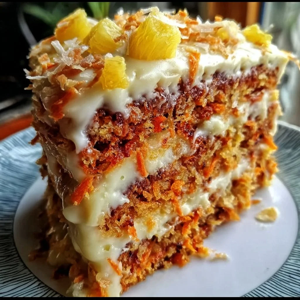 Slice of Hawaiian Carrot Pineapple Cake topped with coconut and walnuts