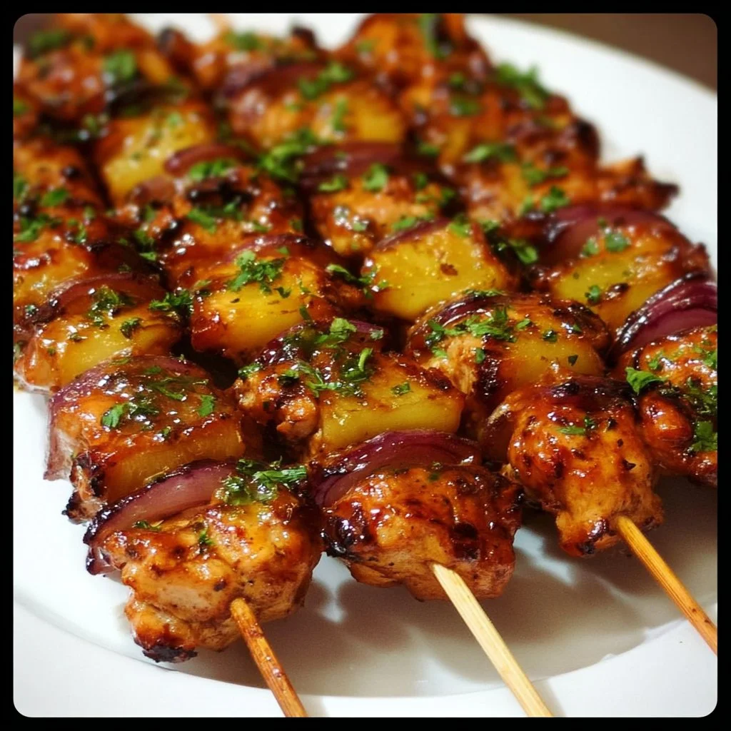 Grilled Hawaiian Chicken Kebabs with colorful vegetables and pineapple