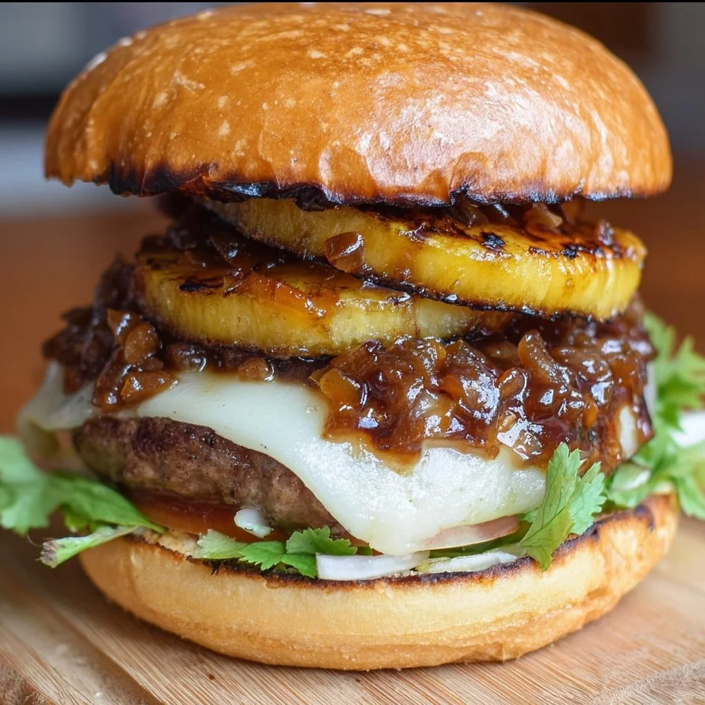 Delicious Hawaiian Teriyaki Burgers served with pineapple and fresh toppings