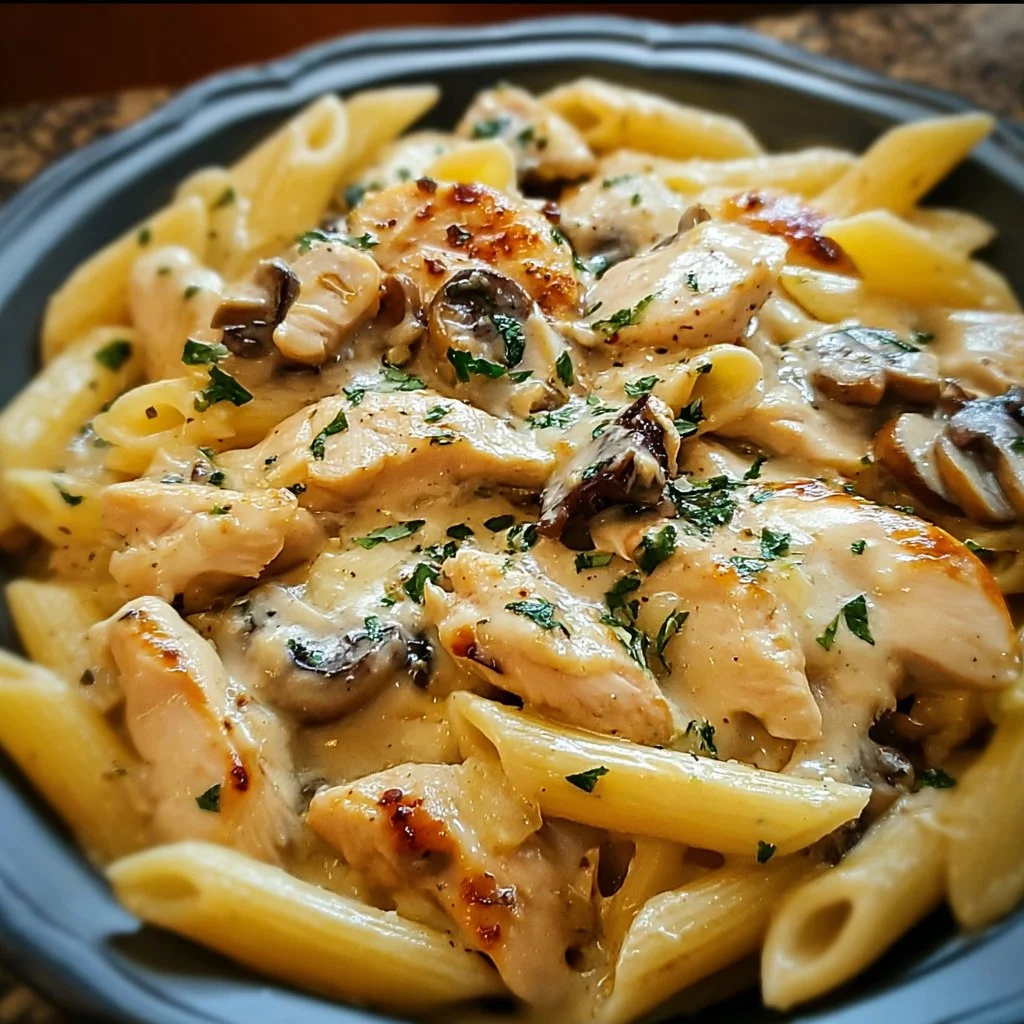 Delicious Chicken Mushroom Pasta with creamy sauce served in a bowl