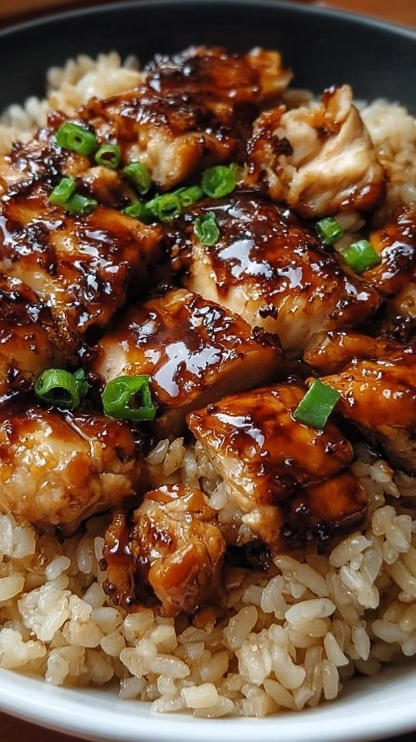 Delicious Honey BBQ Chicken served over fluffy rice, garnished with herbs.