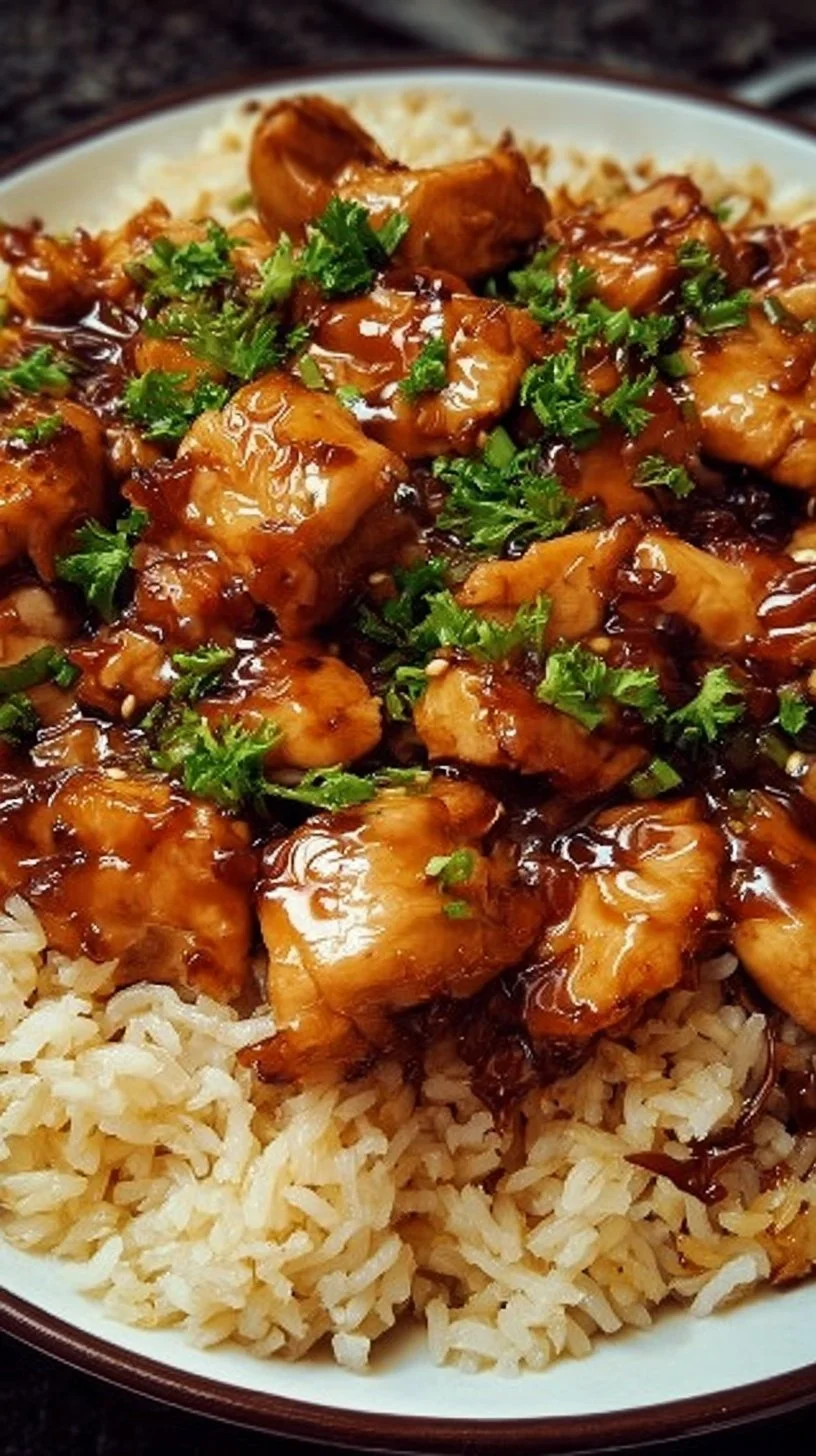 Honey BBQ Chicken served over rice, garnished with fresh herbs
