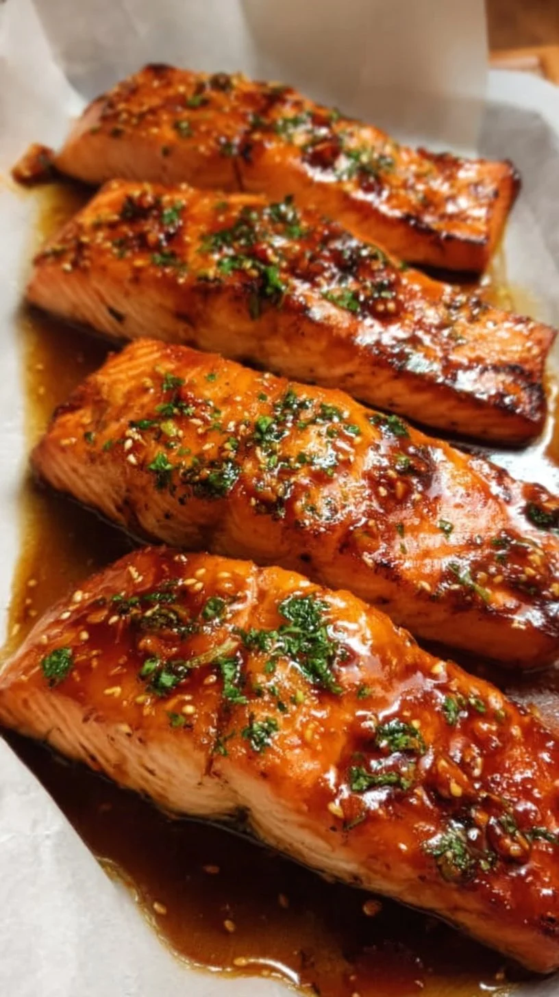 Delicious Honey Garlic Glazed Salmon with a golden glaze on a plate