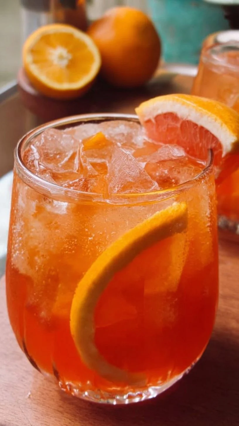 Colorful Hunch Punch cocktail served in a glass with fruits and ice.