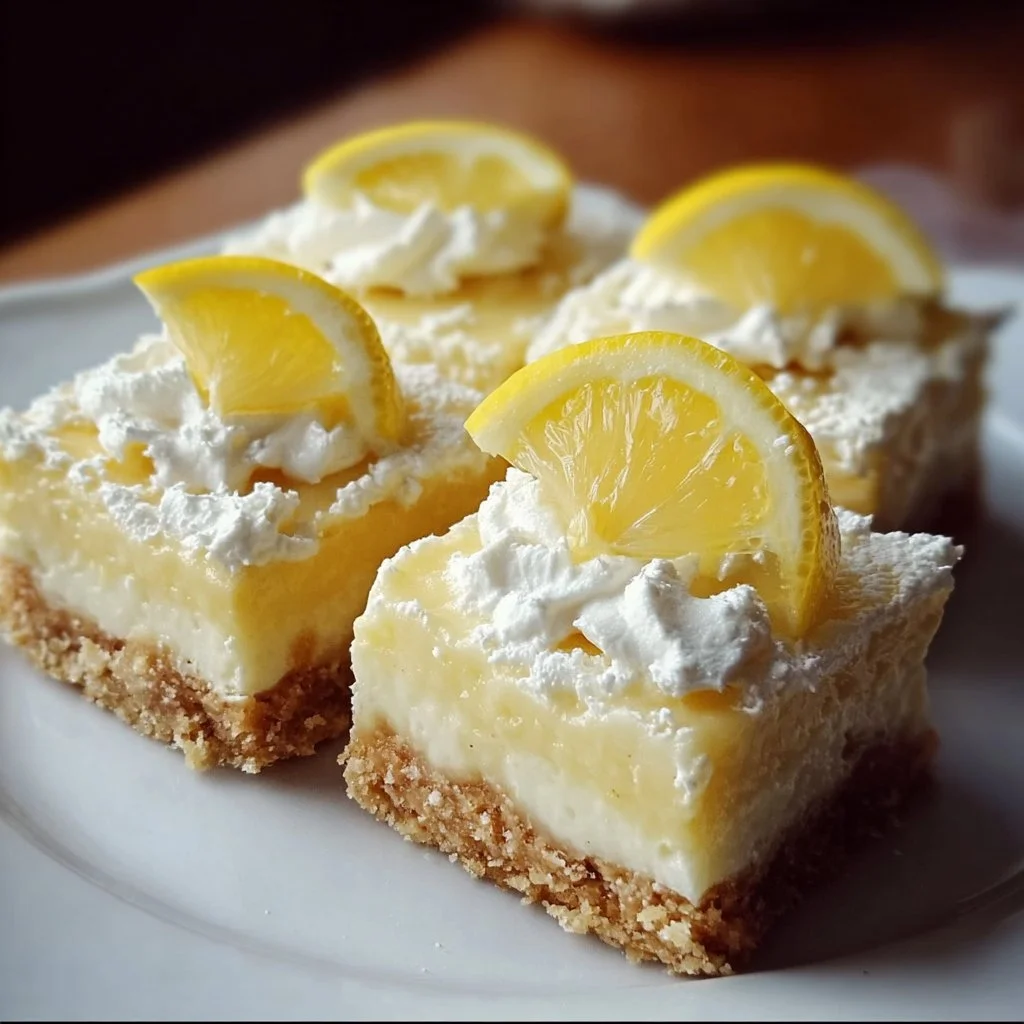 Lazy Day Lemon Cream Pie Bars with a creamy lemon filling and crumbly crust