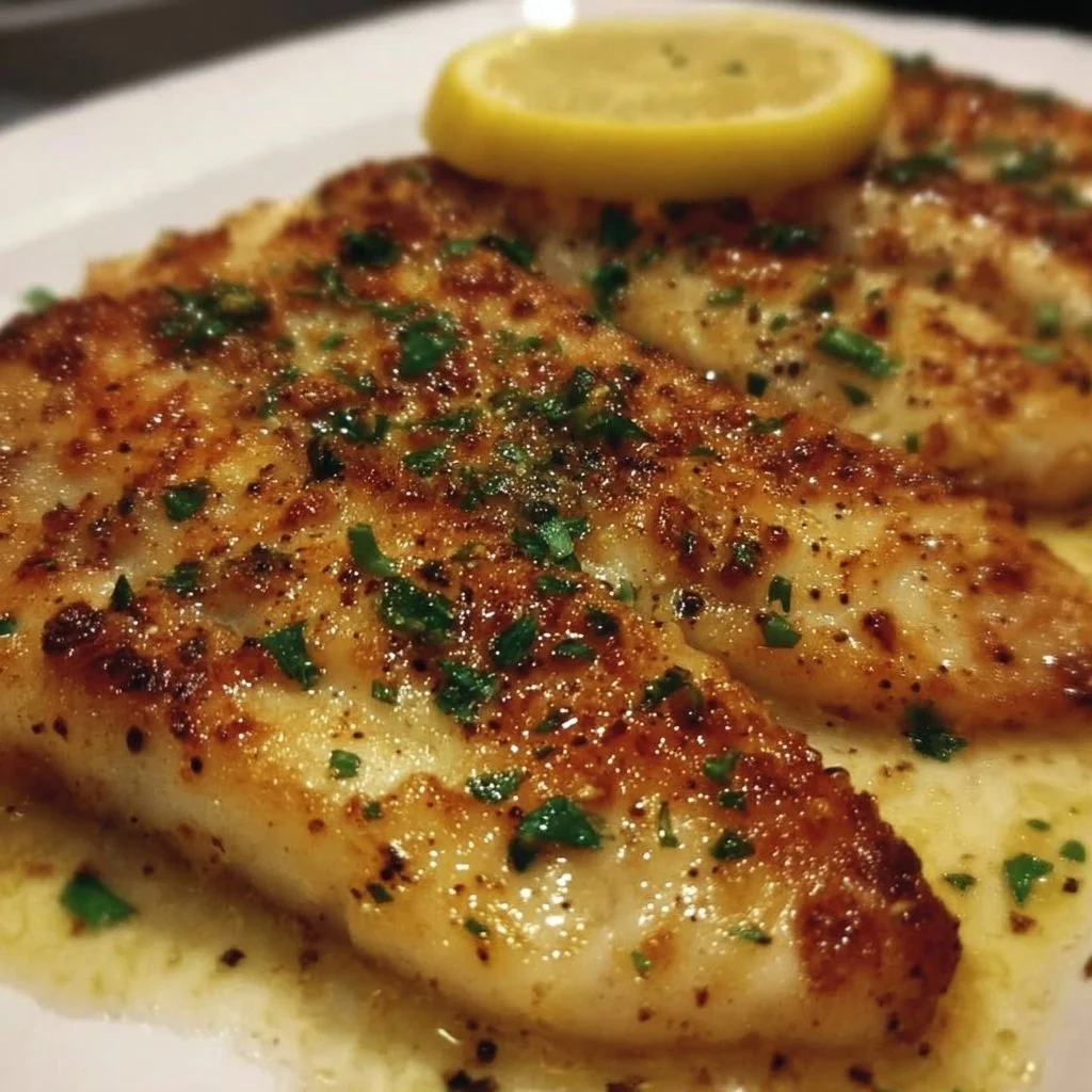 Lemon Butter Fish fillet garnished with herbs and lemon slices