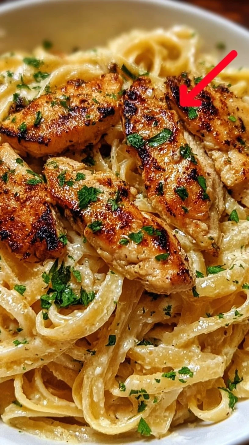 Plate of Lemon Garlic Chicken Linguine with fresh herbs and lemon slices.
