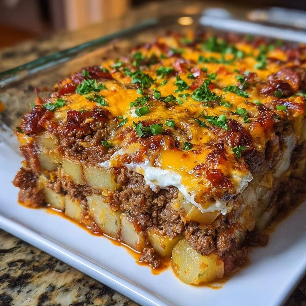 Loaded Potato & Meatloaf Casserole served in a baking dish with toppings.
