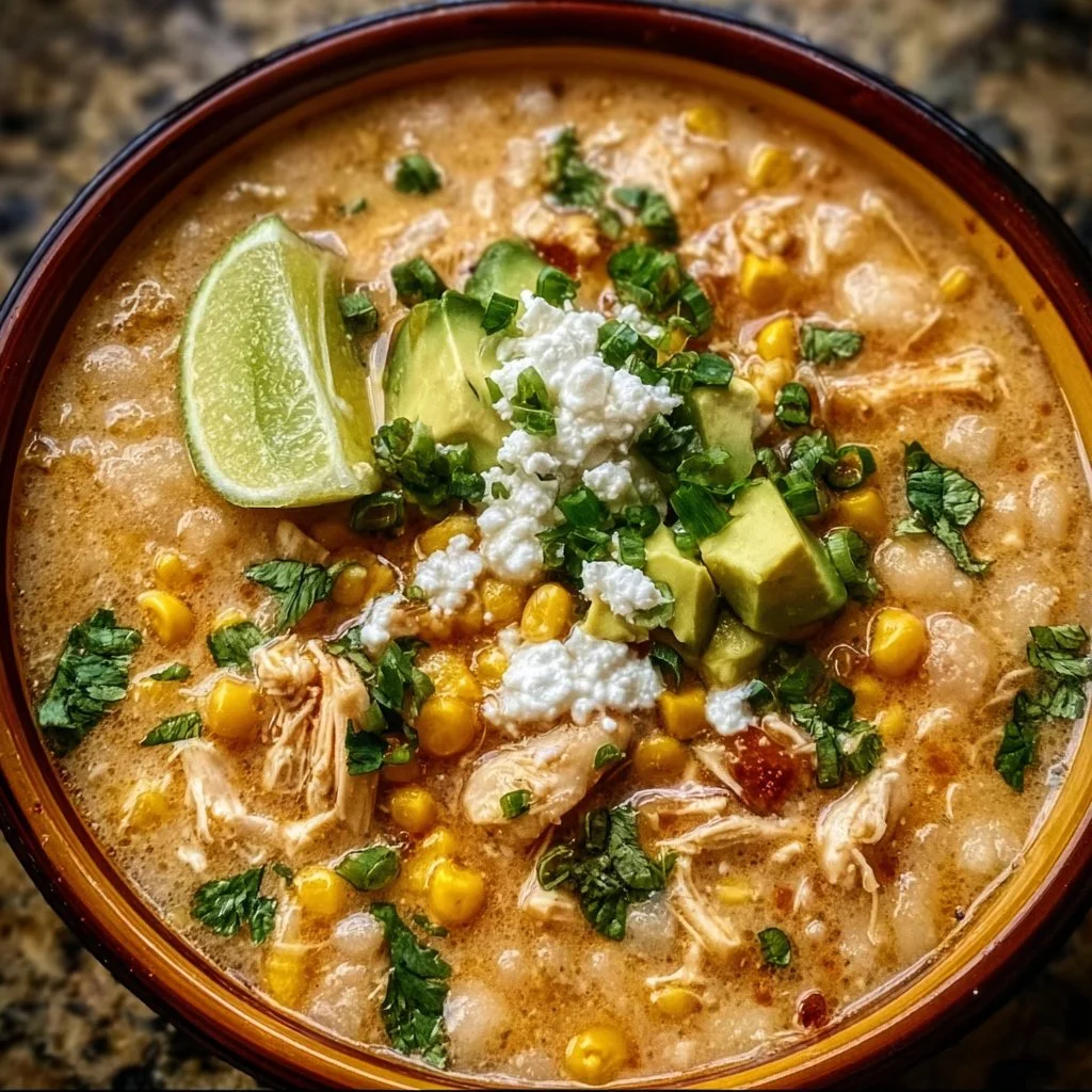Bowl of Mexican Street Corn White Chicken Chili garnished with fresh toppings