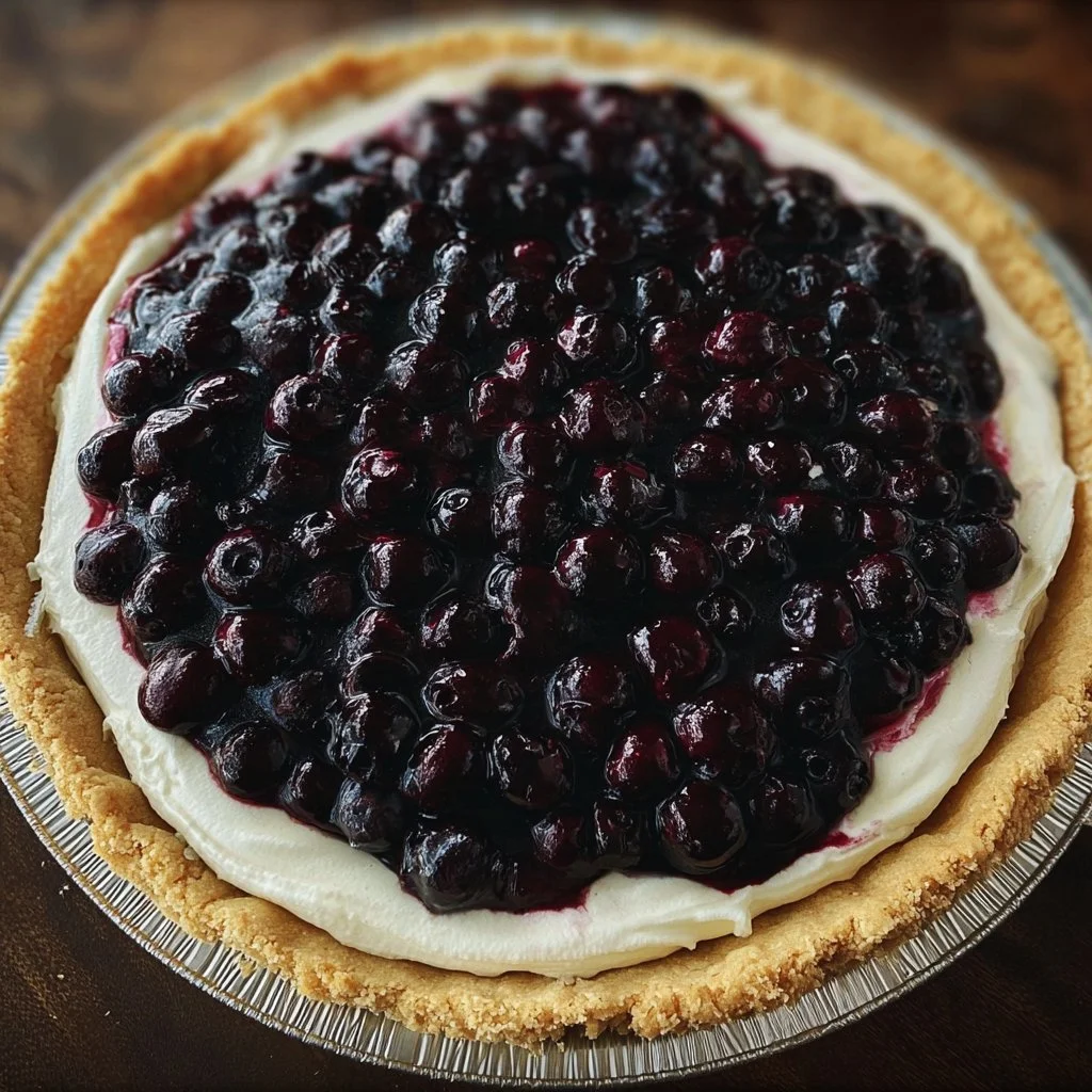 No-bake blueberry pie garnished with fresh blueberries and whipped cream