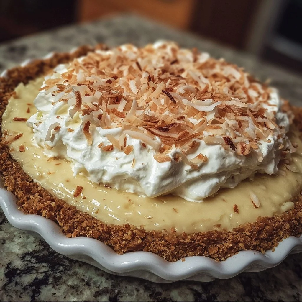 Delicious no-bake coconut cream pie topped with whipped cream and coconut flakes