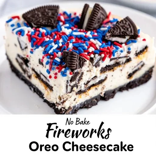 No-Bake Fireworks Oreo Cheesecake topped with colorful sprinkles