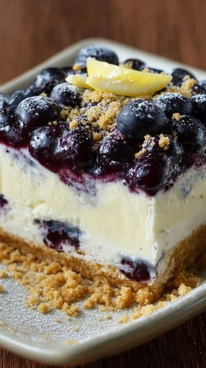 No bake lemon blueberry dessert with fresh blueberries and lemon zest