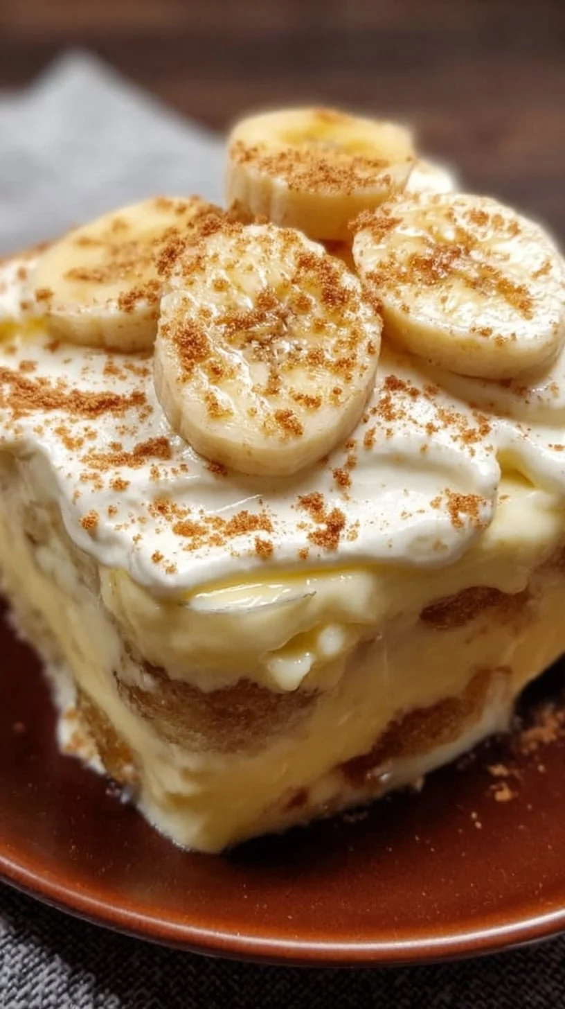 Old-fashioned homemade banana pudding garnished with whipped cream and bananas.