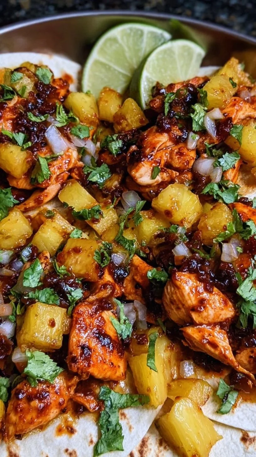 One-pan chicken and pineapple tacos served with fresh toppings
