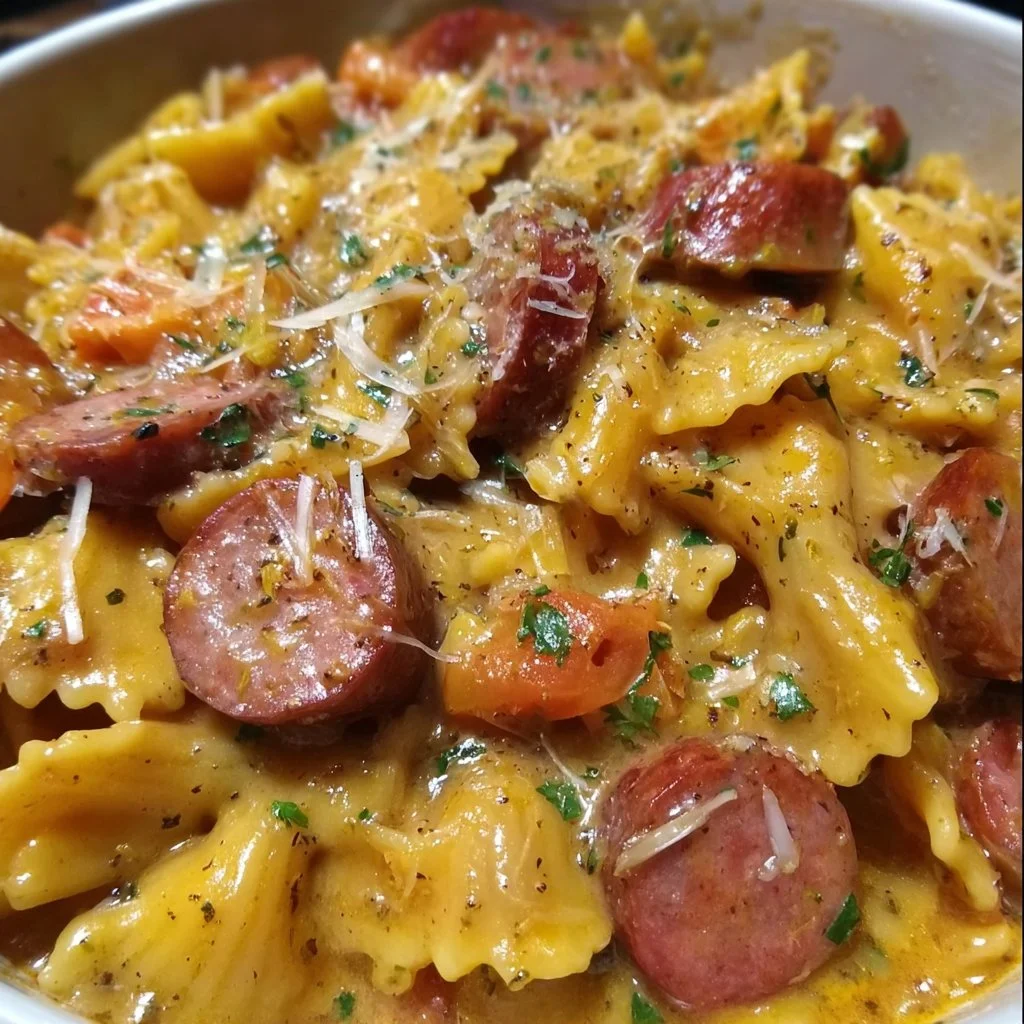 A bowl of One Pot Smoked Sausage Pasta with fresh herbs and colorful vegetables.