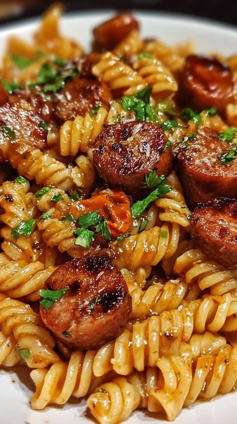 One-Skillet Spicy Honey BBQ Sausage and Pasta dish in a skillet.