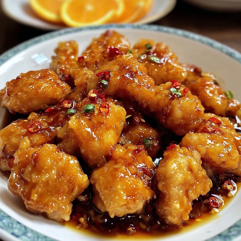 Deliciously crispy orange chicken served with a tangy sauce