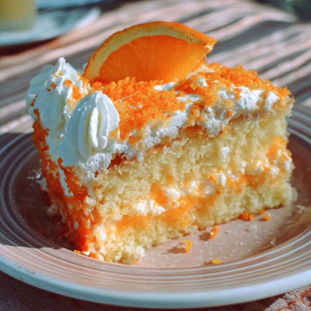 Slice of freshly baked Orange Creamsicle Cake with vibrant orange icing