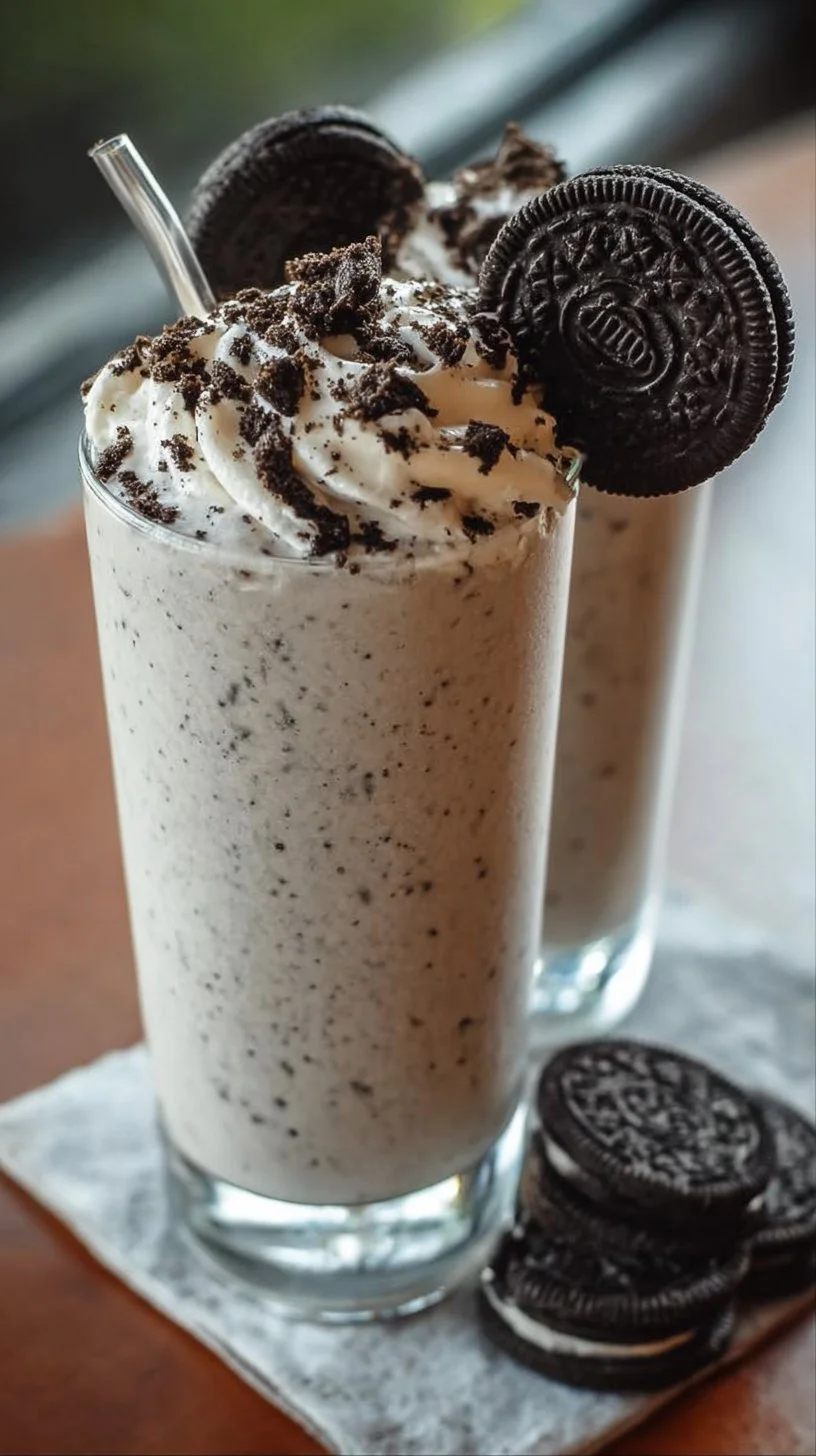 Delicious Oreo milkshake topped with whipped cream and Oreo crumbles