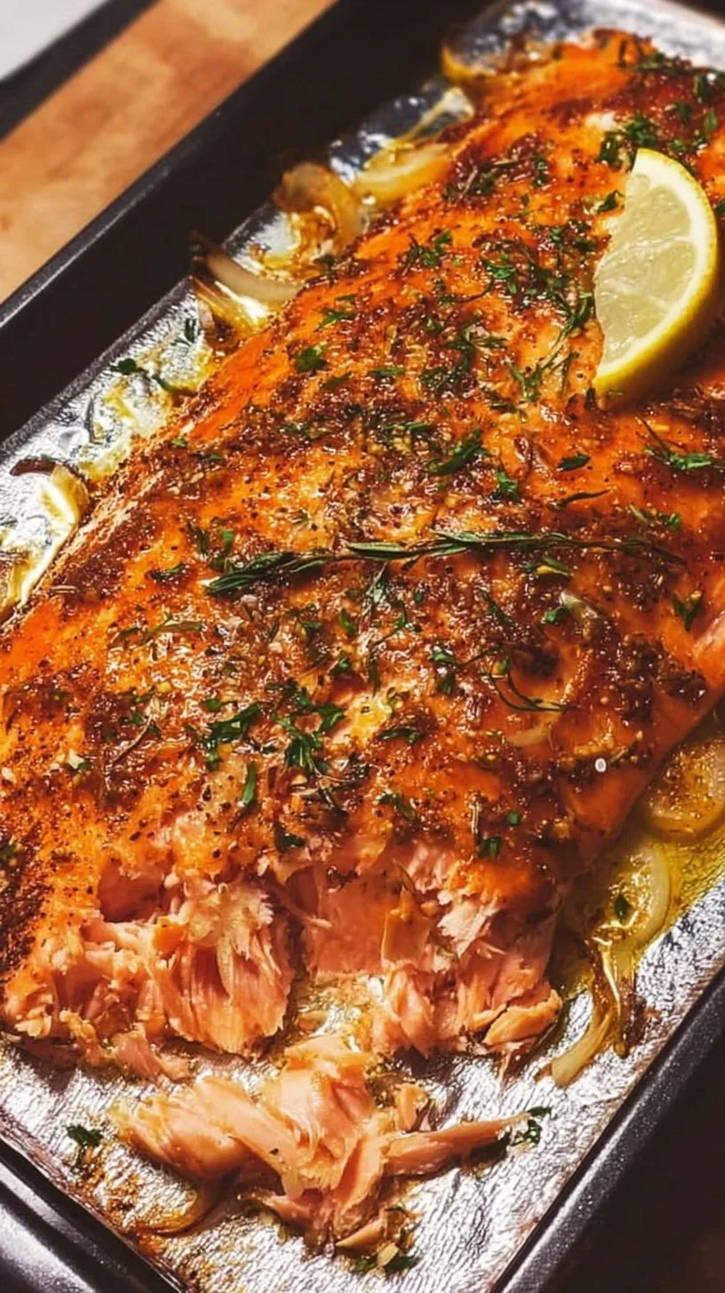 Delicious oven baked salmon fillet garnished with herbs and lemon