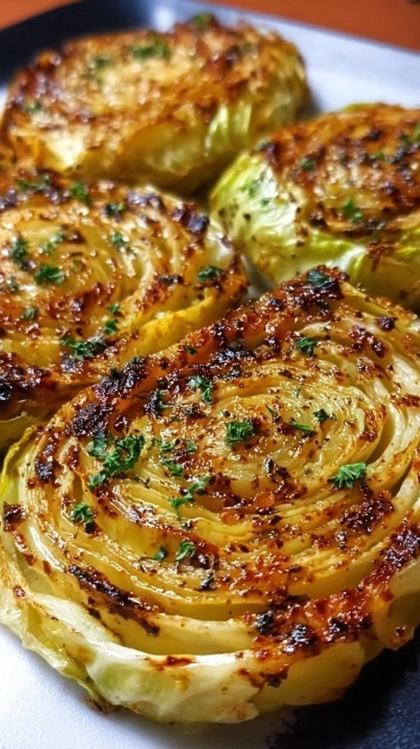 Oven roasted garlic cabbage steaks garnished with herbs and spices