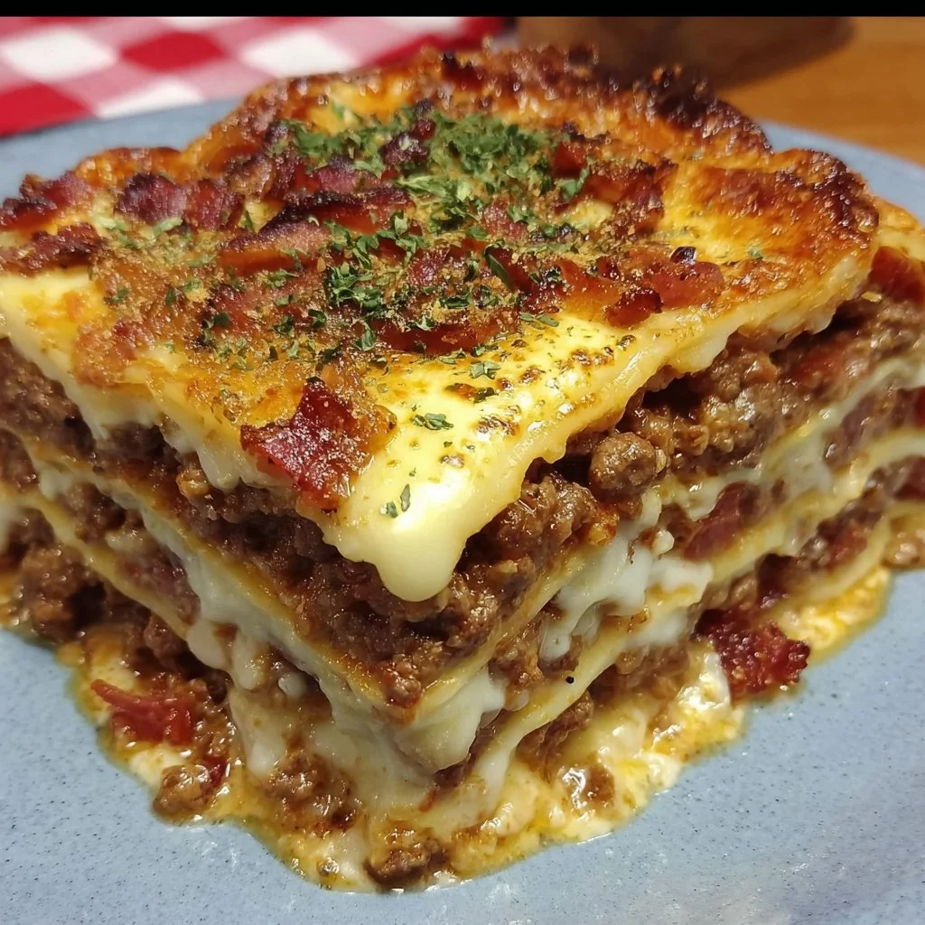Parmesan Garlic Bacon Cheeseburger Lasagna topped with fresh herbs and melted cheese