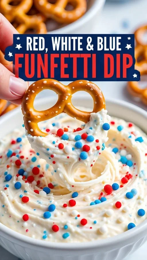 Delicious patriotic cake batter dip served in a festive bowl with red, white, and blue sprinkles