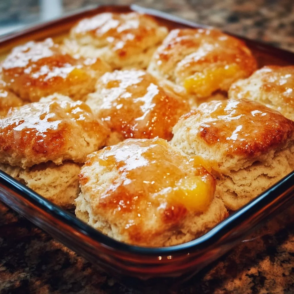 Freshly baked Peach Butter Swim Biscuits on a rustic wooden table