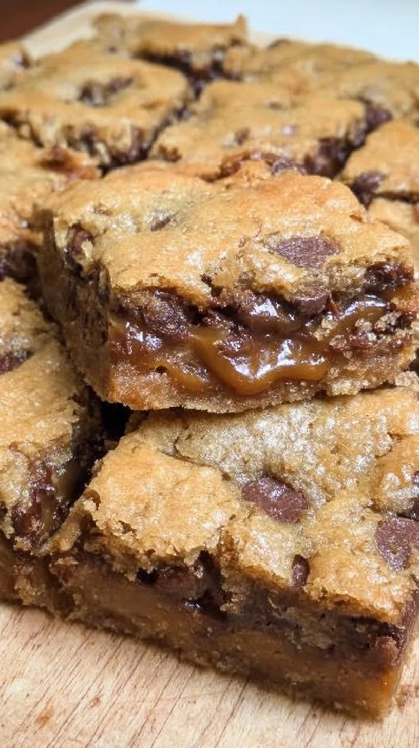 Peanut Butter Caramel Chocolate Chip Bars on a plate