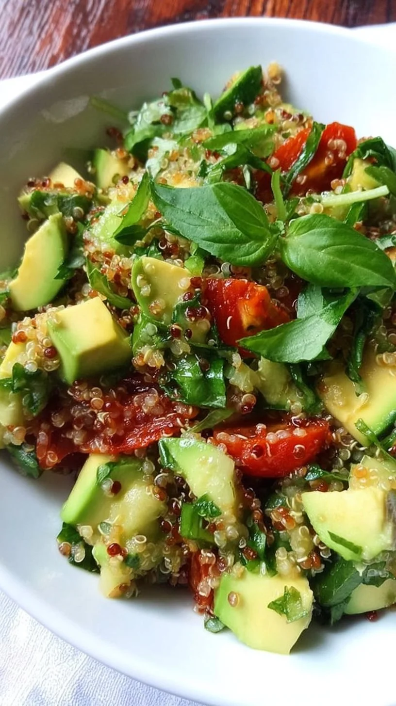 Quinoa salad with avocado and fresh herbs in a bowl