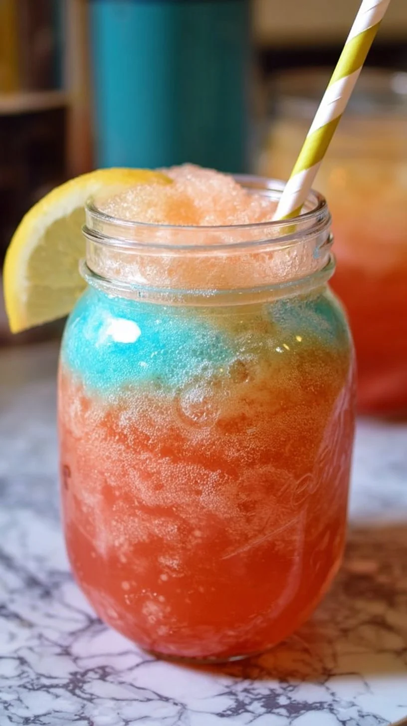 Colorful Rainbow Sherbet Punch served in a glass, garnished with fruit slices.