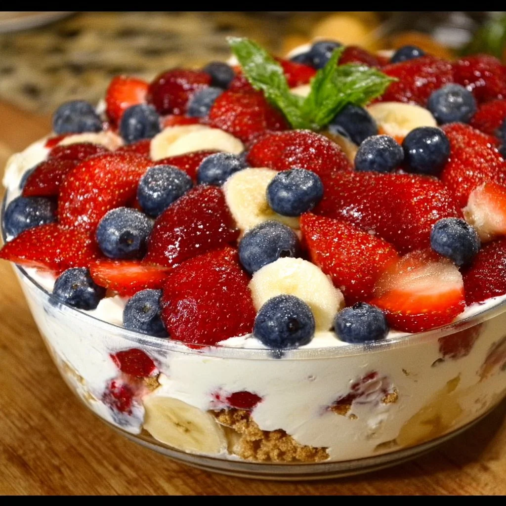 Red White and Blue Cheesecake Salad with fresh fruits and creamy cheesecake dressing