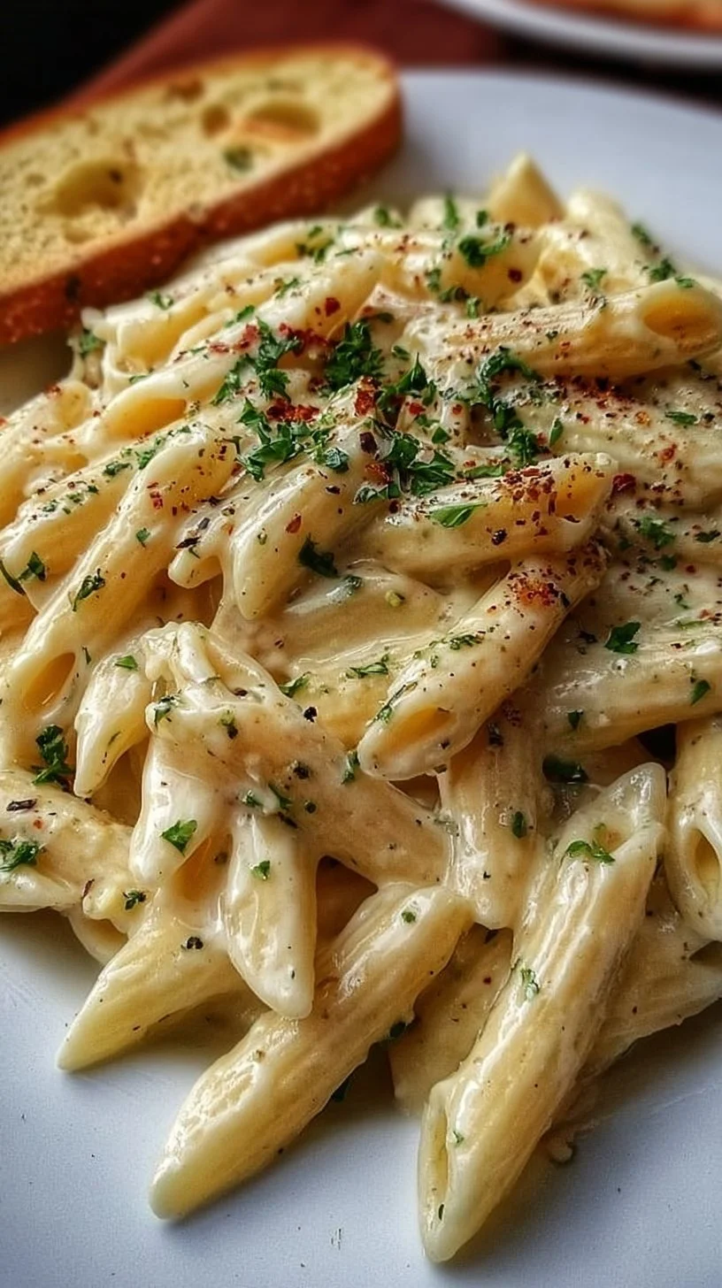 Delicious creamy garlic penne pasta served in a restaurant-style presentation