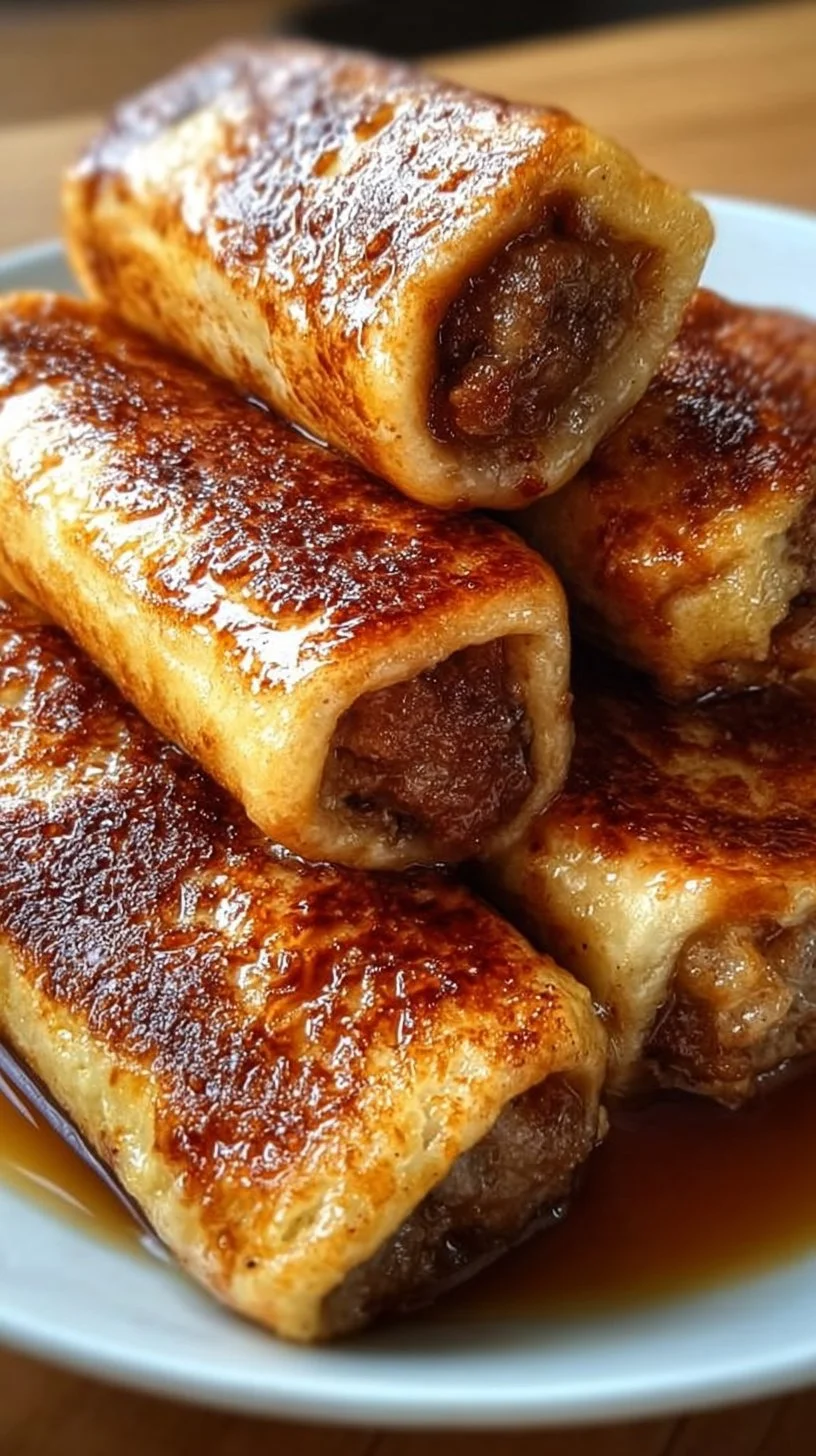 Sausage French Toast Roll-Ups filled with savory sausage and sweet French toast