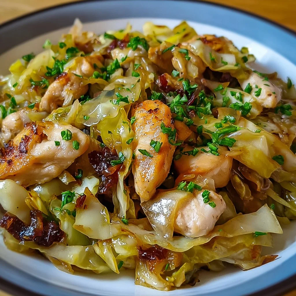 Plate of sautéed garlic cabbage with tender chicken slices.