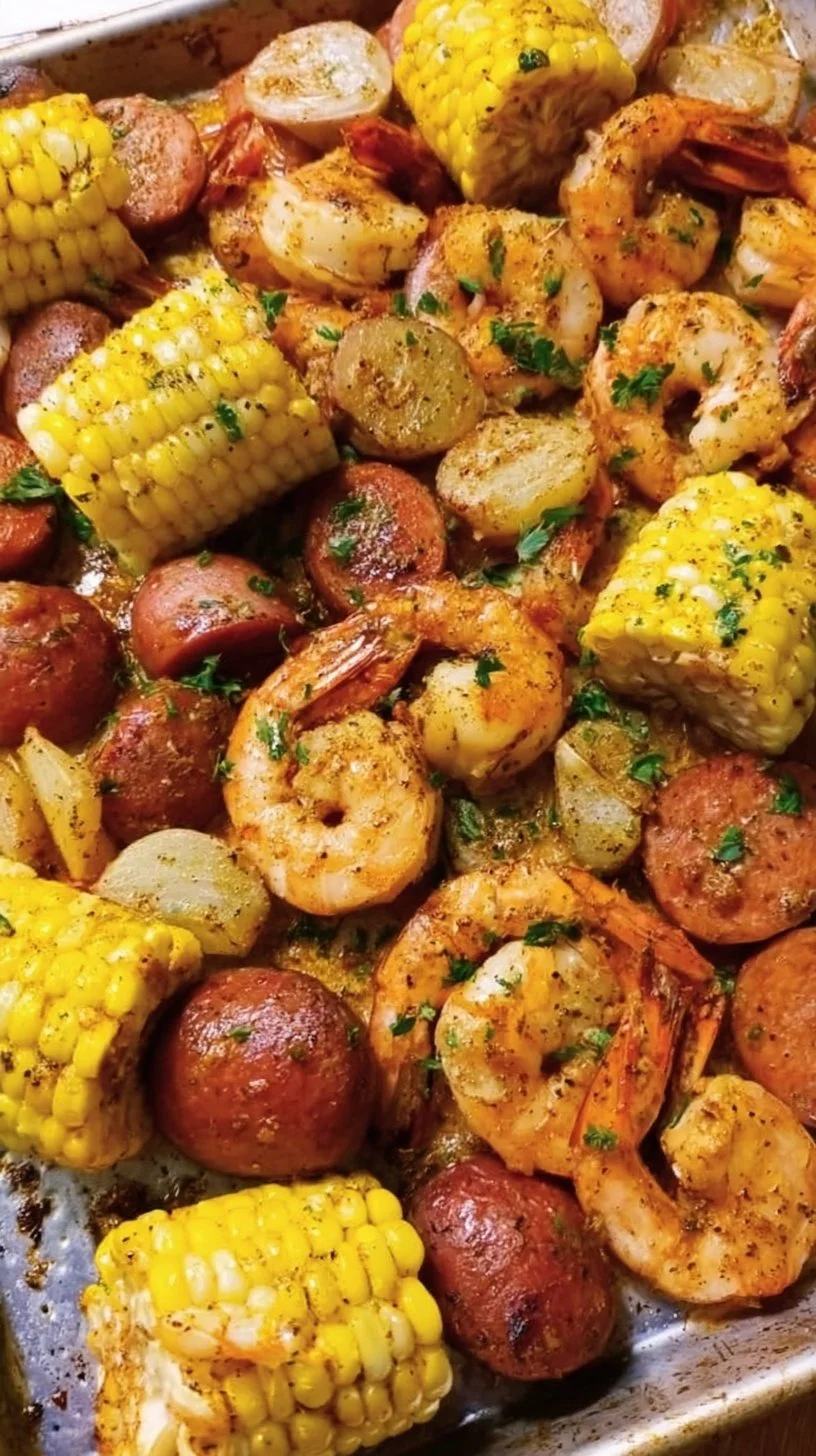 Sheet Pan Shrimp Boil with shrimp, potatoes, and corn on a baking tray.